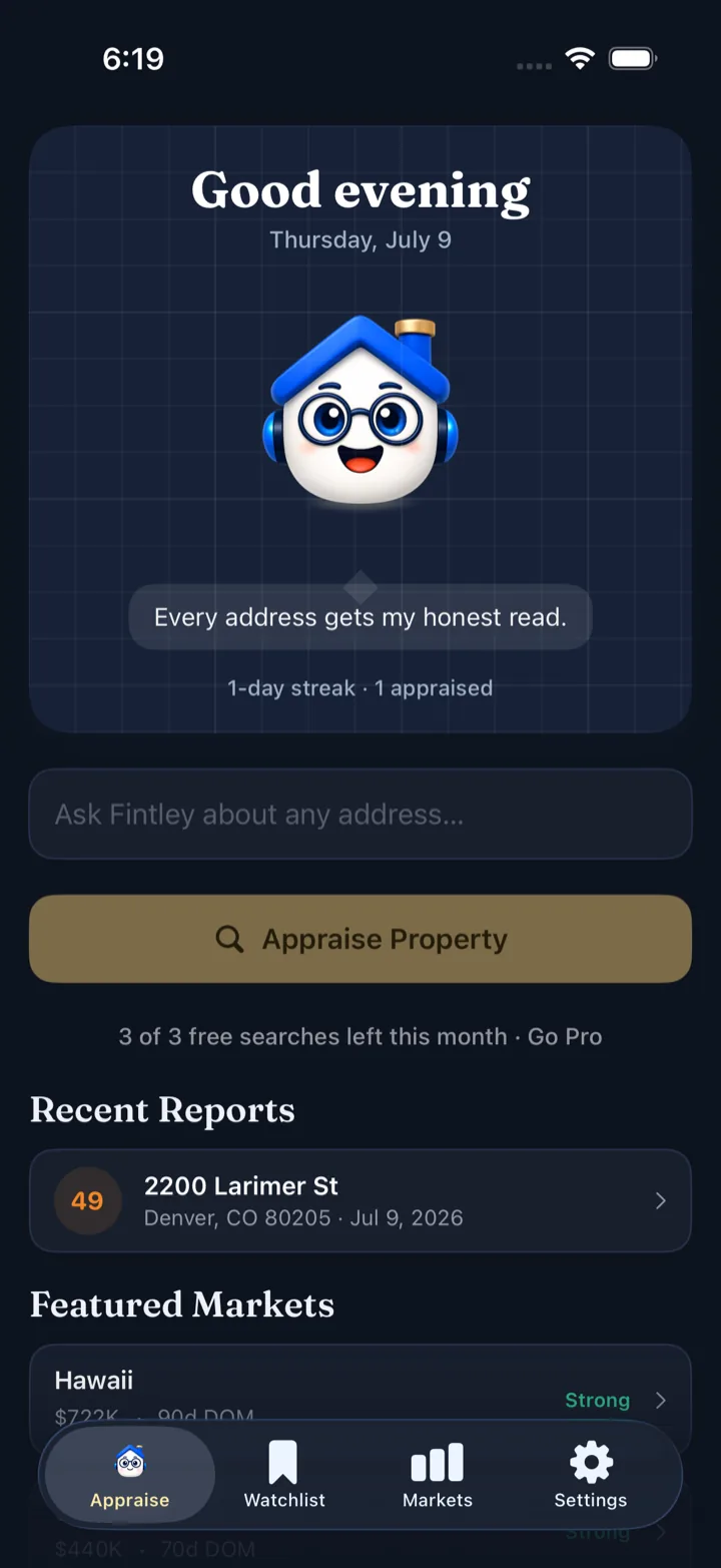 Fintley home screen with a search field, recent reports, and featured markets